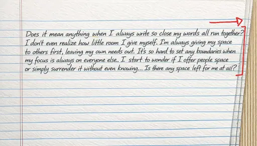 handwriting with margins that lean to the right