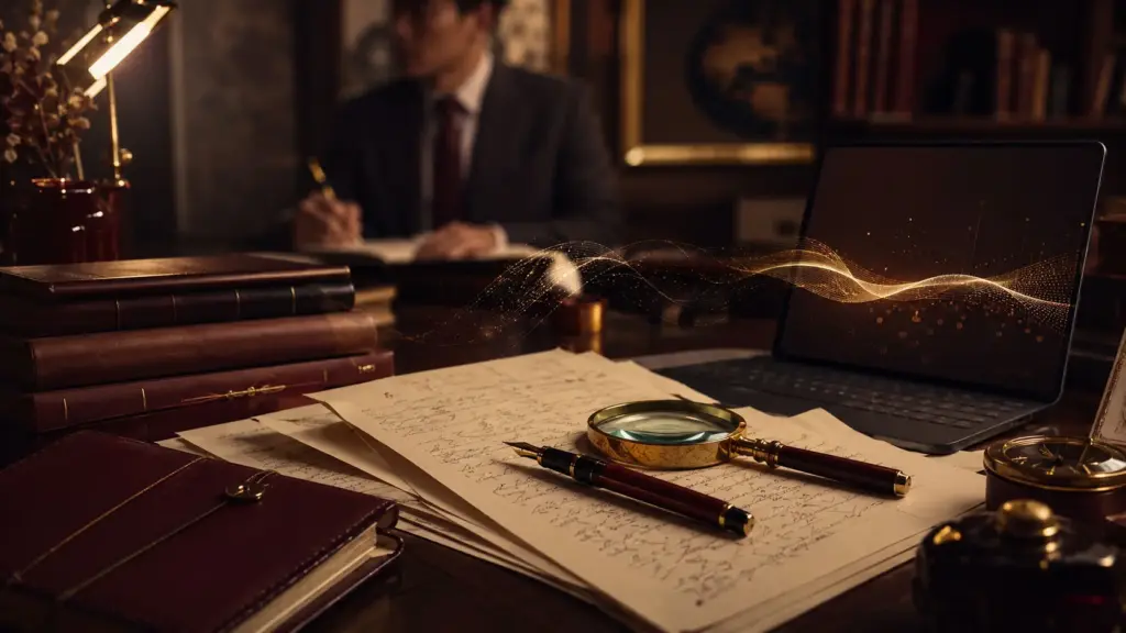 Handwriting analysis in a digital world with handwritten documents, magnifying glass, fountain pen, and digital interface in an elegant academic setting