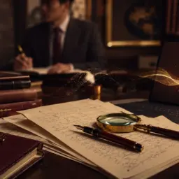 Handwriting analysis in a digital world with handwritten documents, magnifying glass, fountain pen, and digital interface in an elegant academic setting