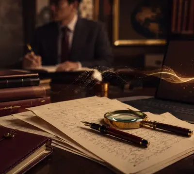 Handwriting analysis in a digital world with handwritten documents, magnifying glass, fountain pen, and digital interface in an elegant academic setting