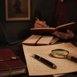 Learn graphology responsibly with handwritten papers, fountain pen, magnifying glass, and elegant academic study materials