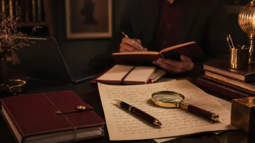 Learn graphology responsibly with handwritten papers, fountain pen, magnifying glass, and elegant academic study materials
