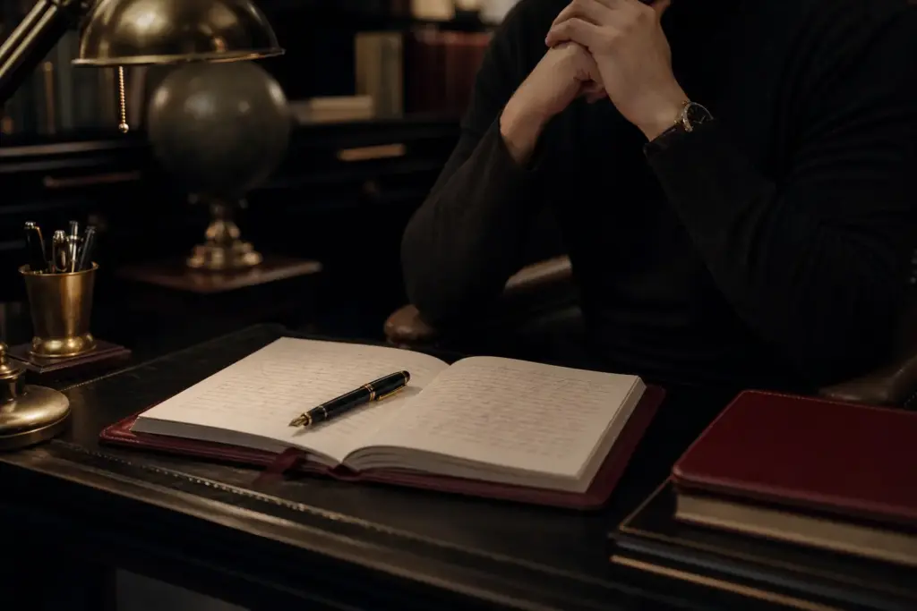 Reflective desk scene illustrating handwriting analysis for self-awareness during a period of stress