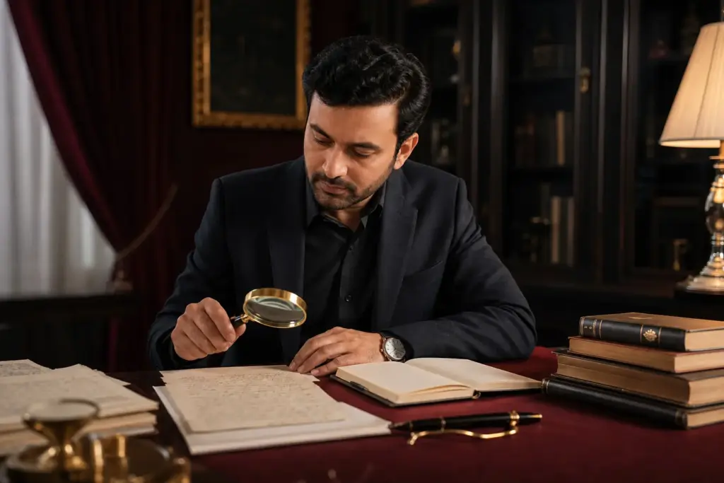 Serious beginner studying handwriting analysis training with writing samples, books, and fountain pen at an elegant desk
