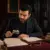 Serious beginner studying handwriting analysis training with writing samples, books, and fountain pen at an elegant desk
