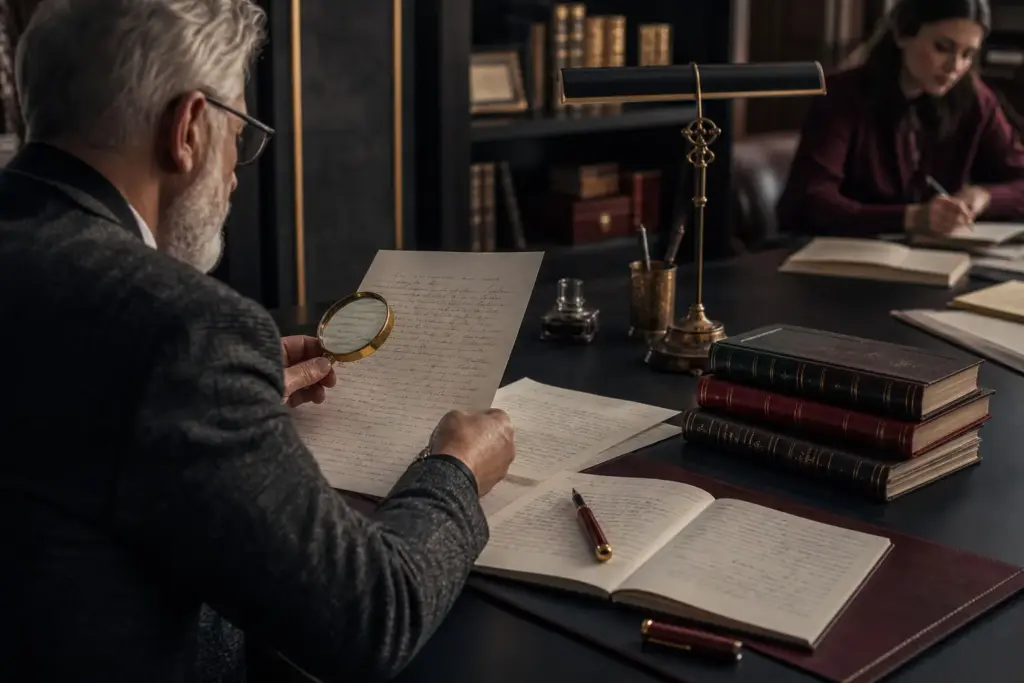 Professional study desk scene representing a handwriting analysis course with handwritten pages and learning materials