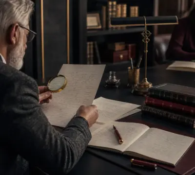 Professional study desk scene representing a handwriting analysis course with handwritten pages and learning materials