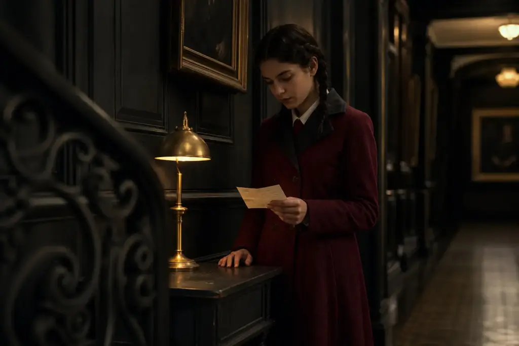 Fictional braided girl in a maroon coat considering a folded handwritten note in a dim school corridor.