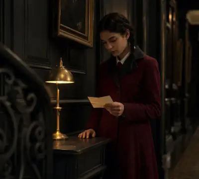 Fictional braided girl in a maroon coat considering a folded handwritten note in a dim school corridor.