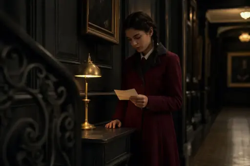 Fictional braided girl in a maroon coat considering a folded handwritten note in a dim school corridor.