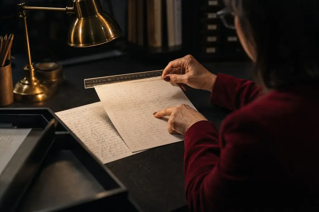 Learner comparing i dot placement and letter stems on two handwritten practice sheets under a warm lamp.
