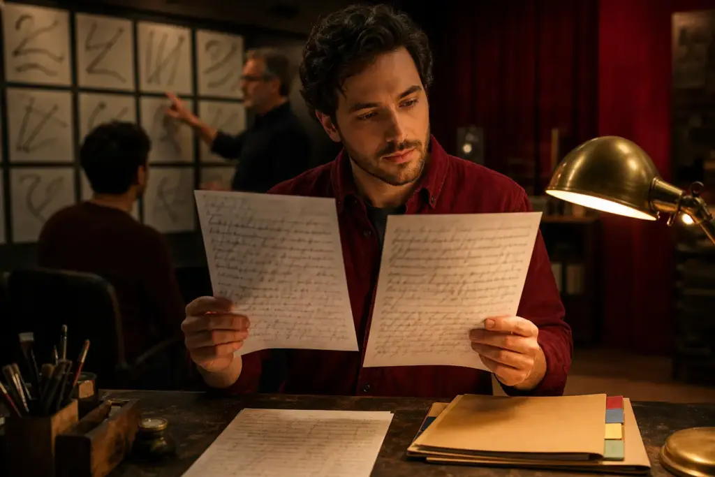 Adult learner comparing two handwritten practice sheets during a structured handwriting analysis workshop